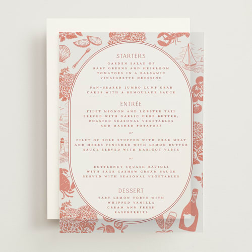 This is a sunset menu cards with standard by Jenna Holcomb called coastal toile printing on translucent vellum in overlay