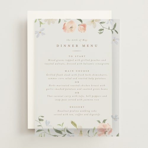 This is a peach menu cards with standard by Everett Paper Goods called garden view printing on translucent vellum in overlay