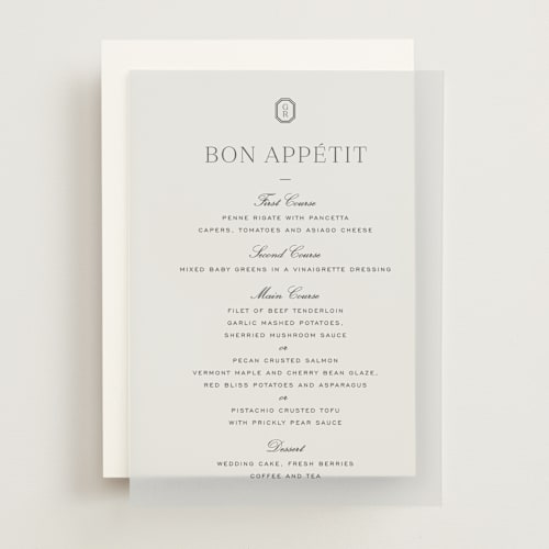 This is a charcoal menu cards with standard by Megan Davis called upper east printing on translucent vellum in overlay