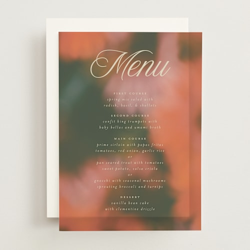 This is a poppy menu cards with standard by Morgan Kendall called bloom printing on translucent vellum in overlay