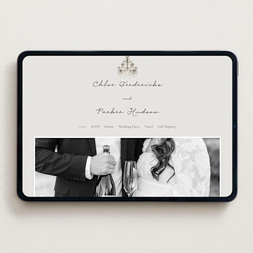 This is a noir wedding websites by Jackie Crawford called hand illustrated whimsical chandelier printing on digital paper in standard