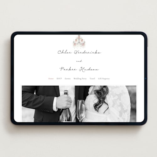 This is a ruby wedding websites by Jackie Crawford called hand illustrated whimsical chandelier printing on digital paper in standard