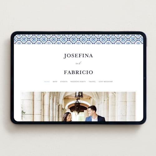 This is a azure wedding websites by Anastasia Makarova called watercolor azulejo printing on digital paper in standard