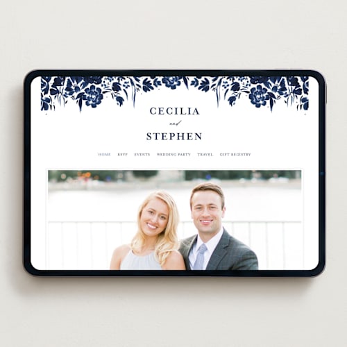 This is a indigo wedding websites by Angela Marzuki called brushstrokes in bloom printing on digital paper in standard