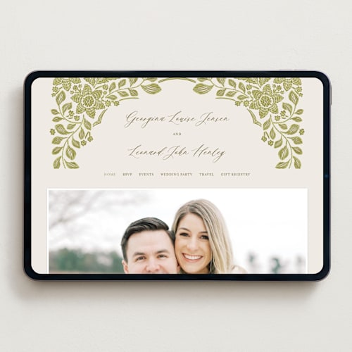 This is a chartreuse wedding websites by Jen Owens called embroidered printing on digital paper in standard
