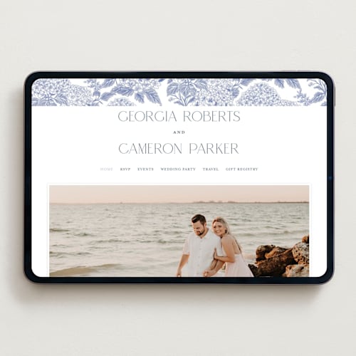 This is a periwinkle wedding websites by Jenna Holcomb called coastal toile printing on digital paper in standard