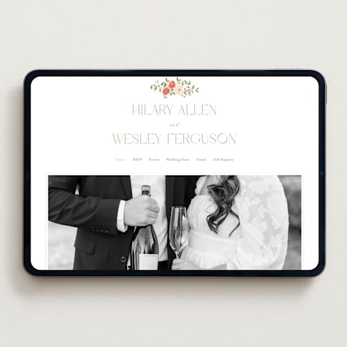 This is a pomegranate wedding websites by Everett Paper Goods called roses crest printing on digital paper in standard