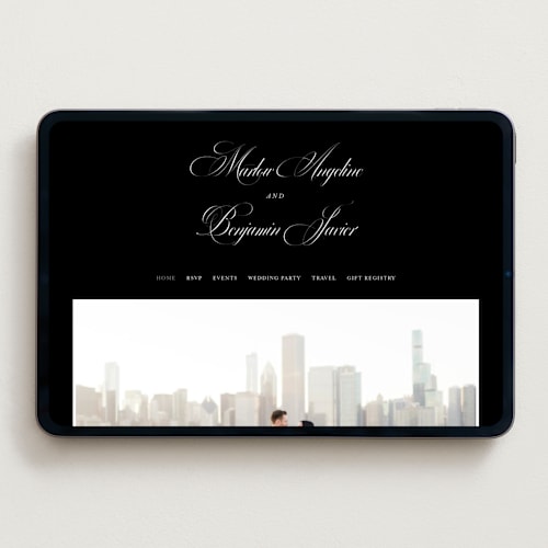 This is a midnight wedding websites by Kelly Schmidt called chic script printing on digital paper in standard