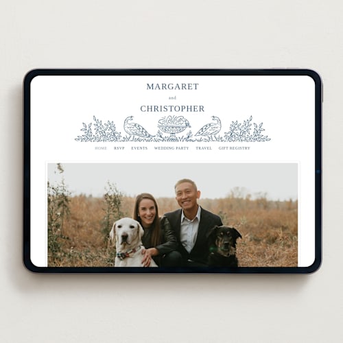 This is a indigo wedding websites by Paper Sun Studio called whimsical woodland printing on digital paper in standard