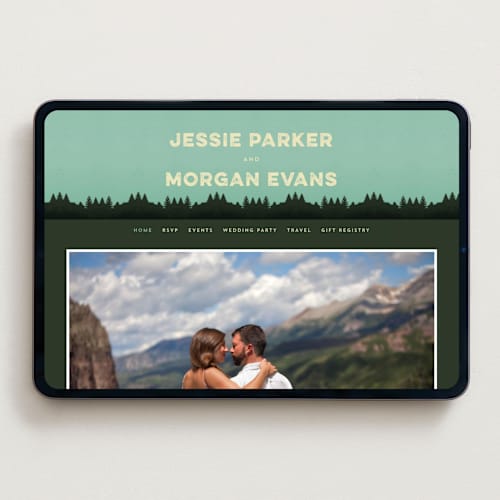 This is a forest wedding websites by Nam Bourassa called mountain view printing on digital paper in standard