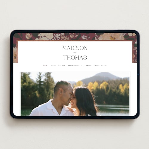 This is a burgundy wedding websites by Itsy Belle Studio called madison printing on digital paper in standard
