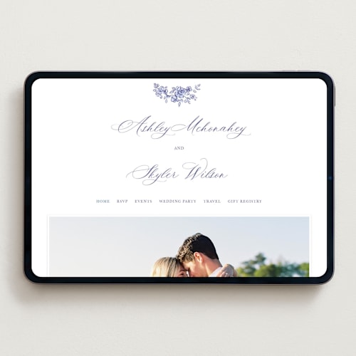 This is a dusty blue wedding websites by Cass Loh called watercolor flowers crest printing on digital paper in standard