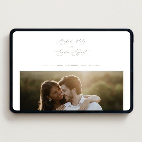 This is a pearl wedding websites by Hooray Creative called luxe script printing on digital paper in standard