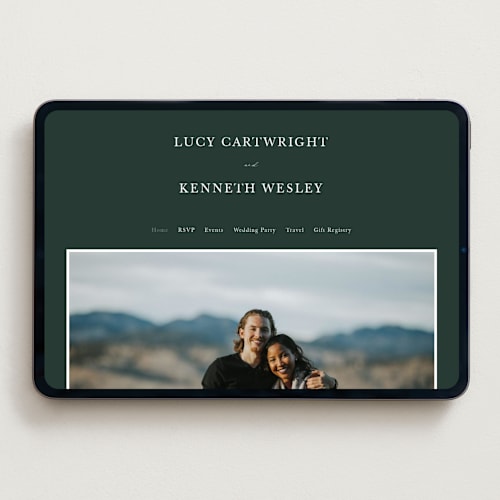 This is a evergreen wedding websites by Sarah Brown called mountainview printing on digital paper in standard