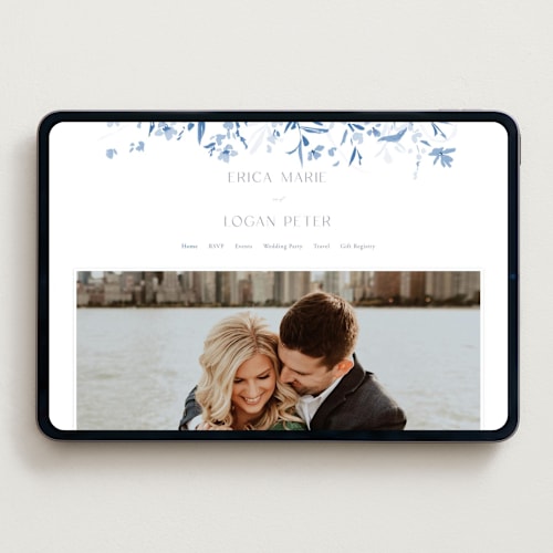 This is a cobalt wedding websites by Everett Paper Goods called fleur printing on digital paper in standard