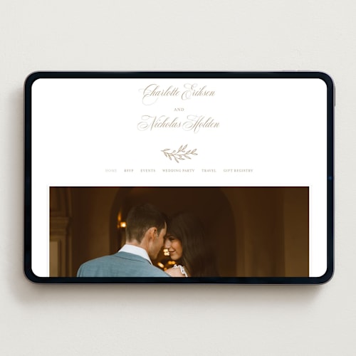 This is a matte gold wedding websites by Hooray Creative called vineyard script printing on digital paper in standard