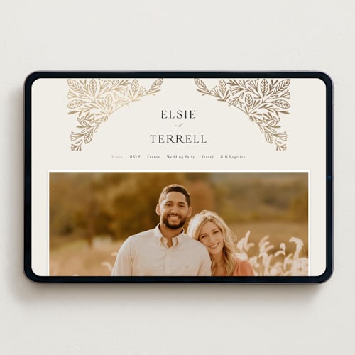 This is a cream wedding websites by Jen Owens called baroque printing on digital paper in standard