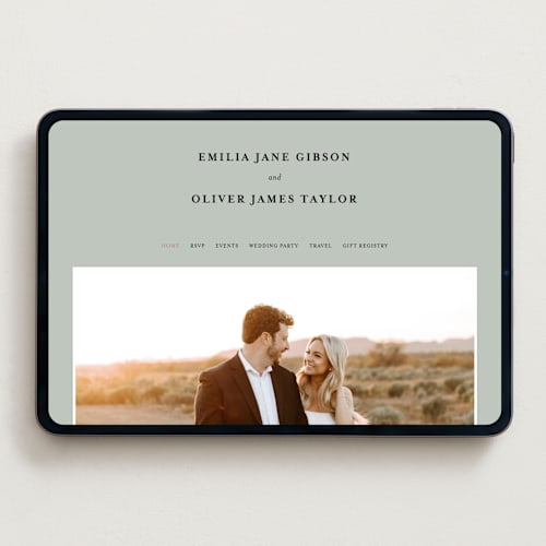 This is a sage wedding websites by Angela Thompson called gilded script printing on digital paper in standard