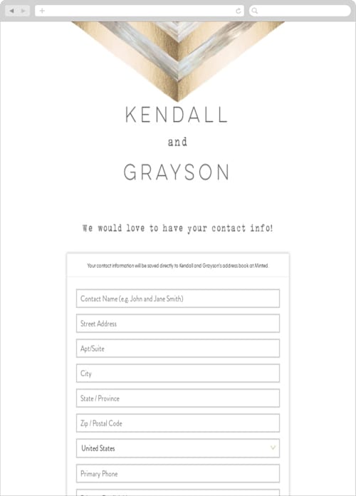This is a brass digital wedding address collection cards by Hooray Creative called modern chevron printing on digital paper in standard