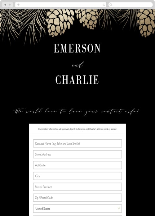 This is a charcoal digital wedding address collection cards by Angela Thompson called golden pine printing on digital paper in standard