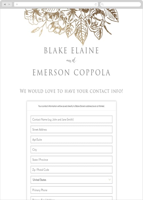 This is a golden digital wedding address collection cards by Rochelle Renee called gilded wildflowers printing on digital paper in standard