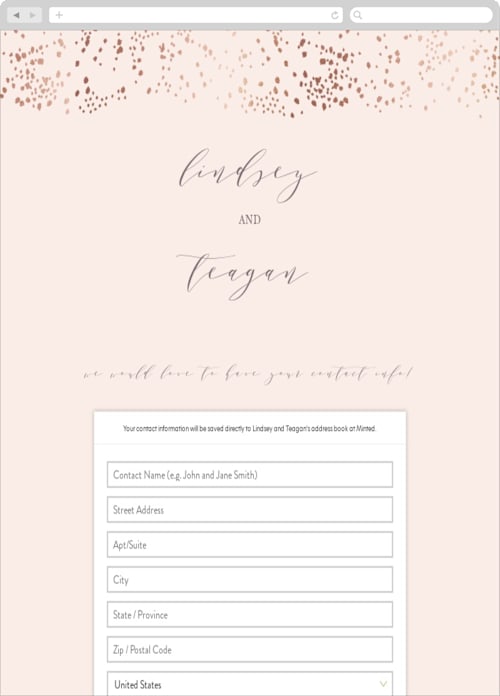 This is a rose gold digital wedding address collection cards by Phrosné Barwood called dreamy printing on digital paper in standard
