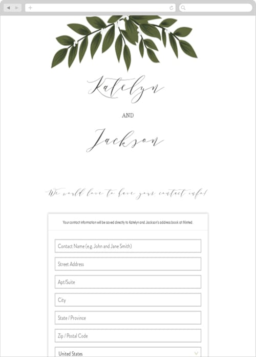 This is a greenery digital wedding address collection cards by Itsy Belle Studio called laurels frame printing on digital paper in standard