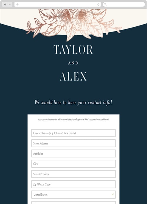 This is a deep navy digital wedding address collection cards by GeekInk Design called elegant blooms printing on digital paper in standard
