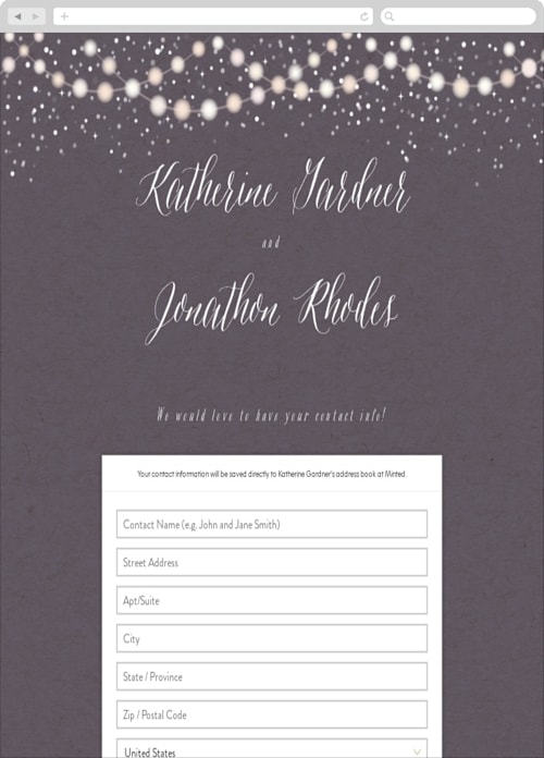 This is a plum digital wedding address collection cards by Hooray Creative called garden lights printing on digital paper in standard