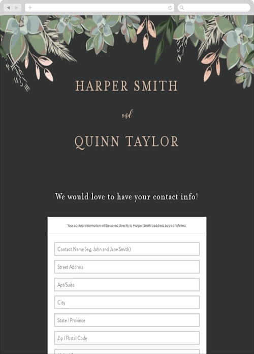 This is a tuxedo digital wedding address collection cards by Susan Moyal called succulent surround printing on digital paper in standard