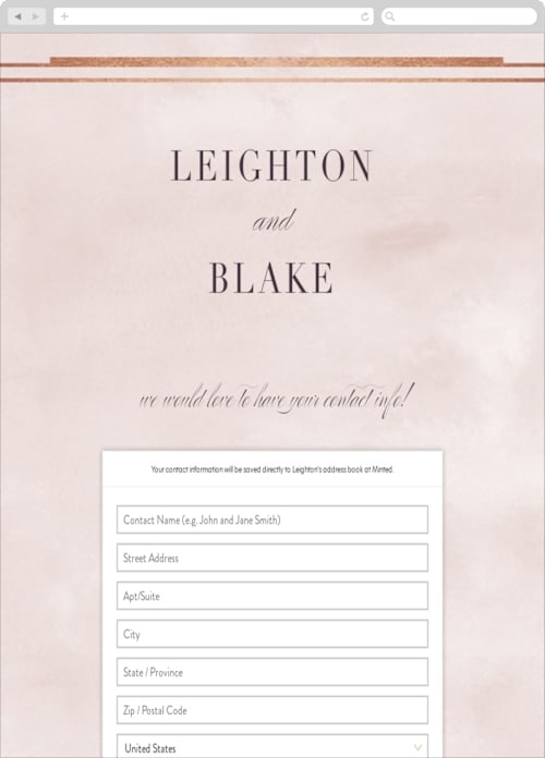 This is a dusty rose + rose gold digital wedding address collection cards by Hooray Creative called forever elegant printing on digital paper in standard