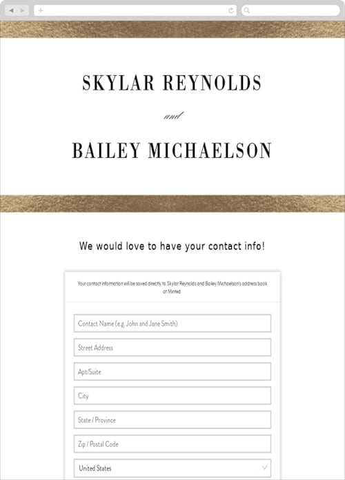 This is a gold digital wedding address collection cards by Stacey Meacham called classic monogram printing on digital paper in standard