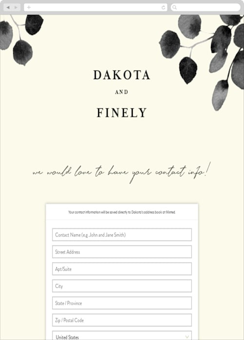 This is a ivory digital wedding address collection cards by Shannon Chen of Four Wet Feet Studio called silver dollar eucalyptus printing on digital paper in standard