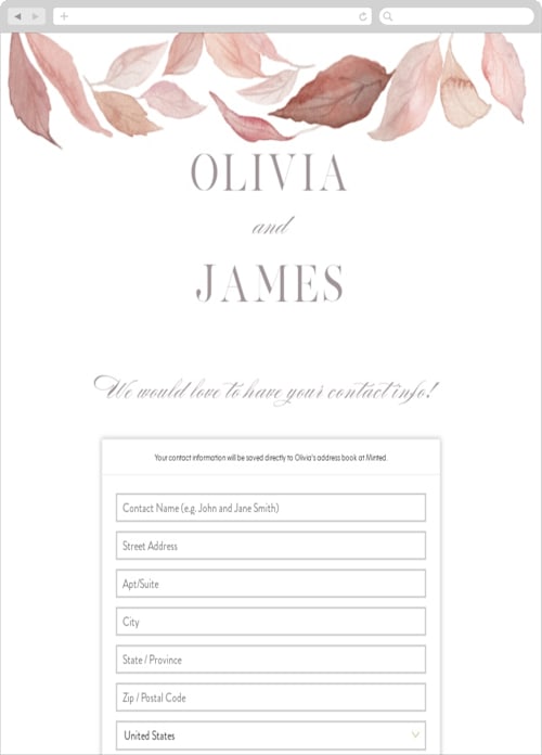 This is a rust digital wedding address collection cards by Creo Study called fallen printing on digital paper in standard