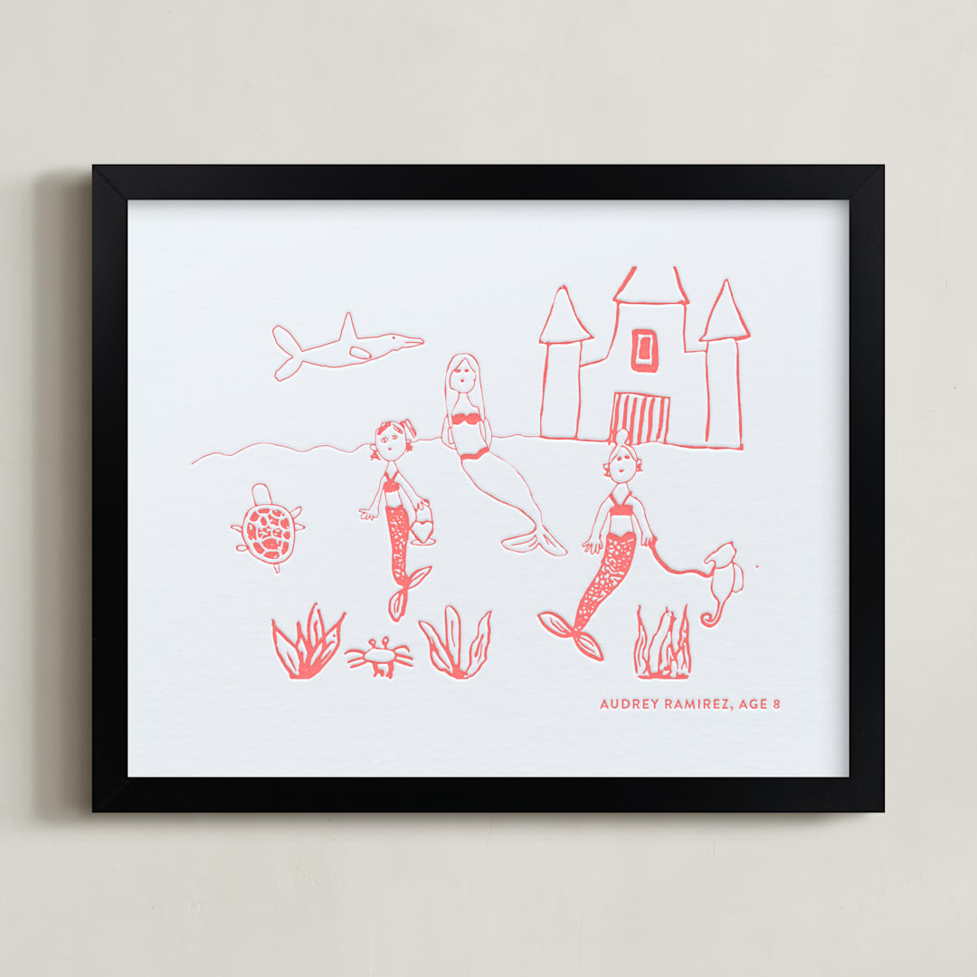 "Your Drawing as Letterpress Art Print" - Custom Letterpress Print in Neon Coral by Minted - Framed