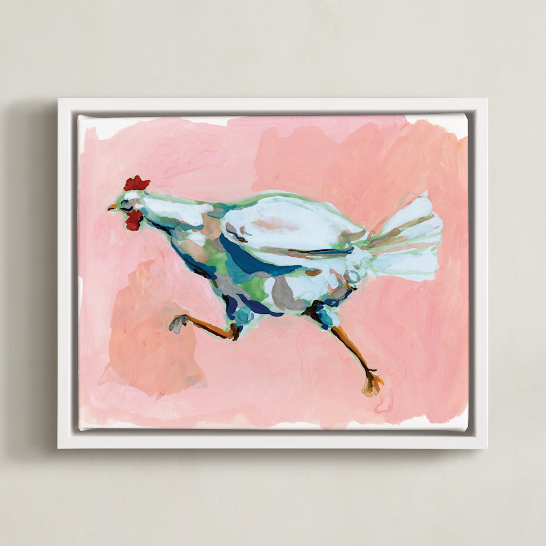 "Chicken Run" - Art Print in blossom by Betty Hatchett - Framed Canvas