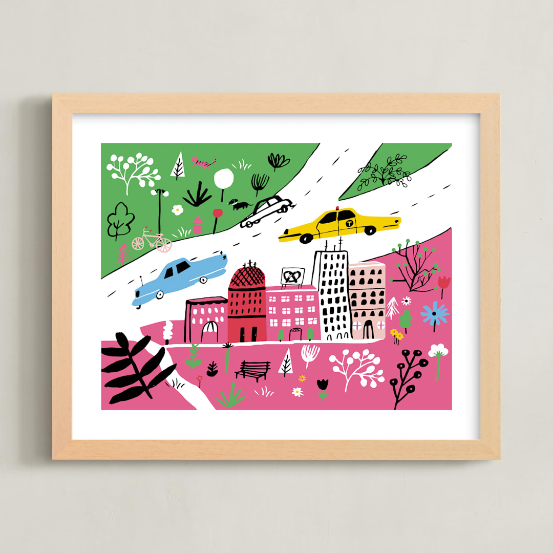 "City State of Mind" - Art Print in Flamingo Pink by Jordan Sondler - Framed