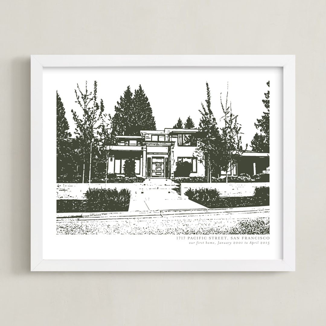 "Custom House Portrait with Text" - Custom Print in Olive Shadow by Minted - Framed
