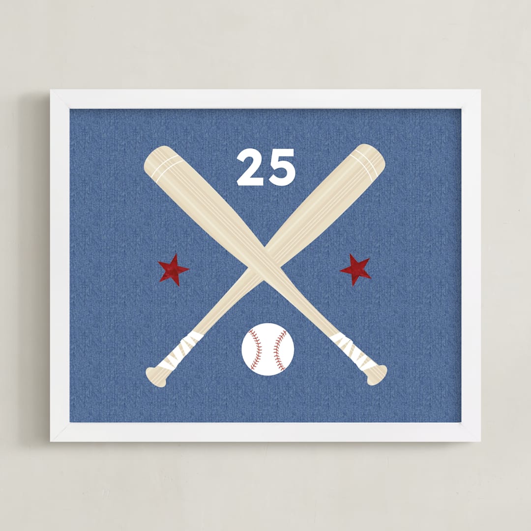 "Little Slugger Series 3" - Personalized Art Print in Denim by Pinky Diamond Studio - Framed