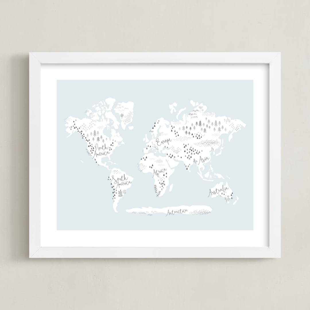 "Beautiful World Map" - Art Print in Soft Sky by Jessie Steury - Framed