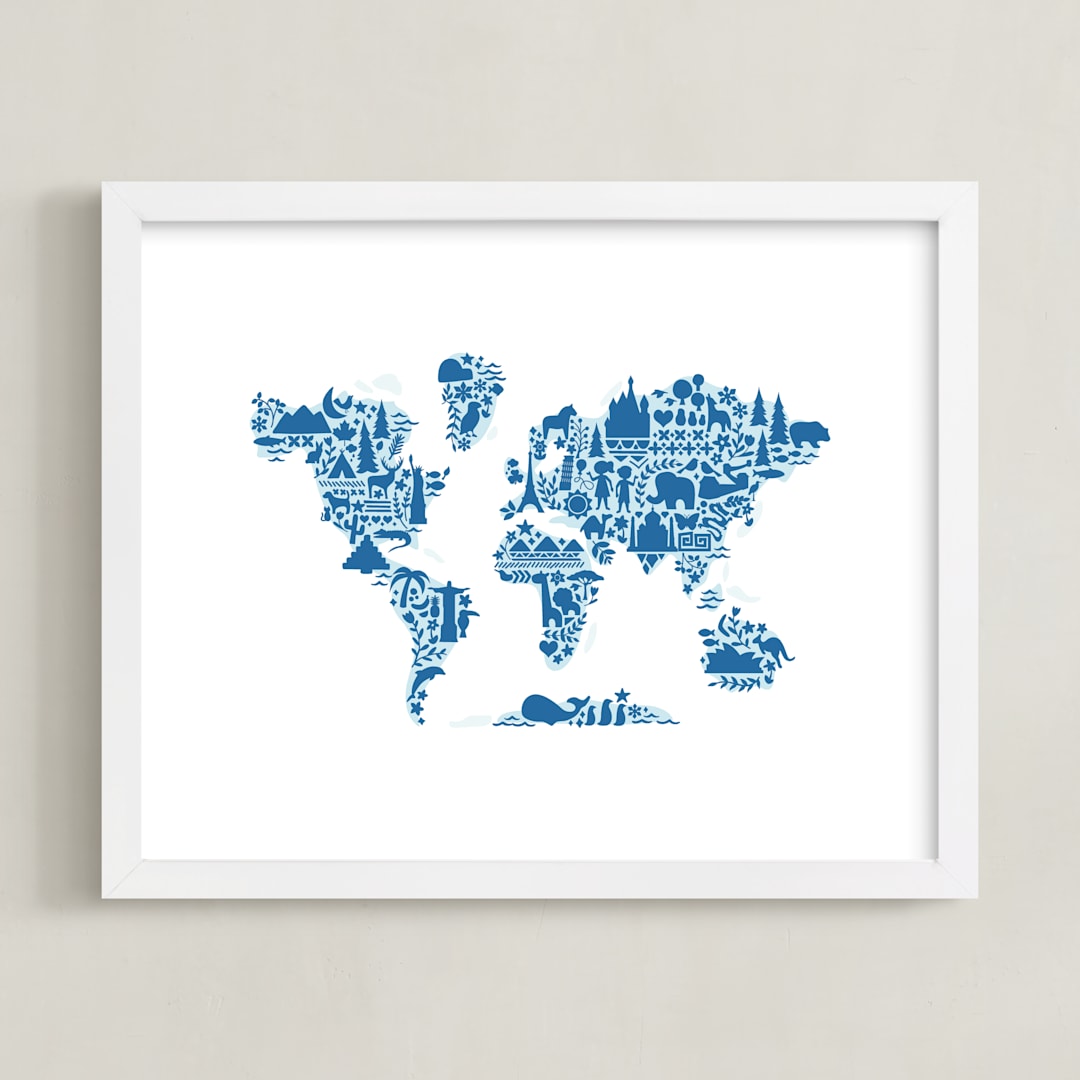 "Little Big World Map" - Art Print in Bluebell by Jessie Steury - Framed