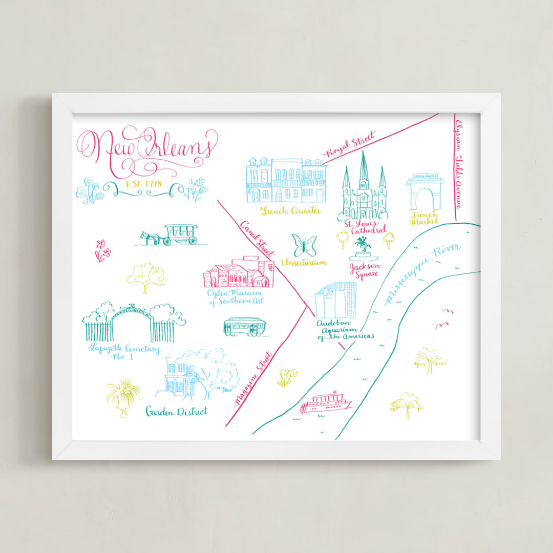 "New Orleans Calligraphy Map " - Art Print in Magenta by Megan Kelso - Framed