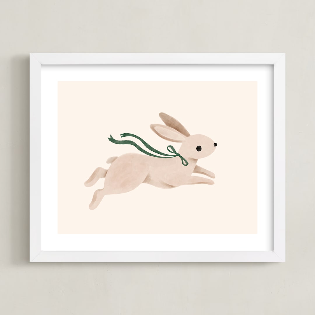 "Rabbit With Bow" - Art Print in Hunter Green by Vivian Yiwing - Framed