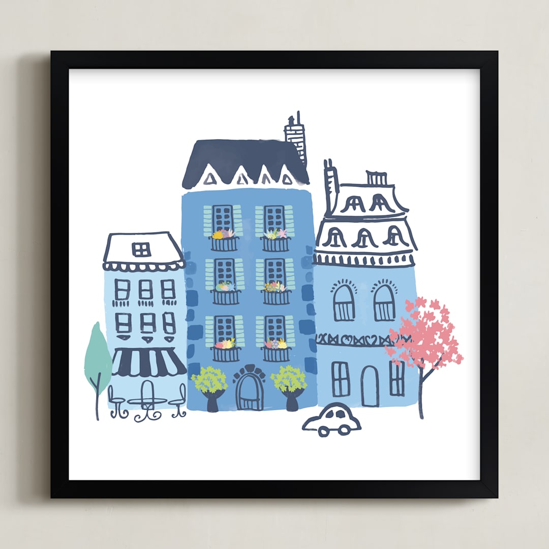 "Paris, J'adore" - Art Print in Parisian Blue by Ali Macdonald - Framed