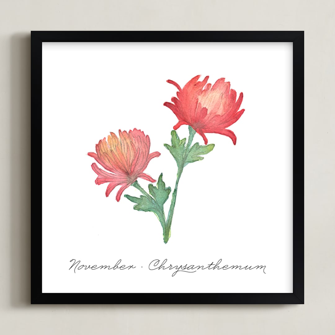 "November Chrysanthemum" - Art Print in Crimson by Liz Conley - Framed