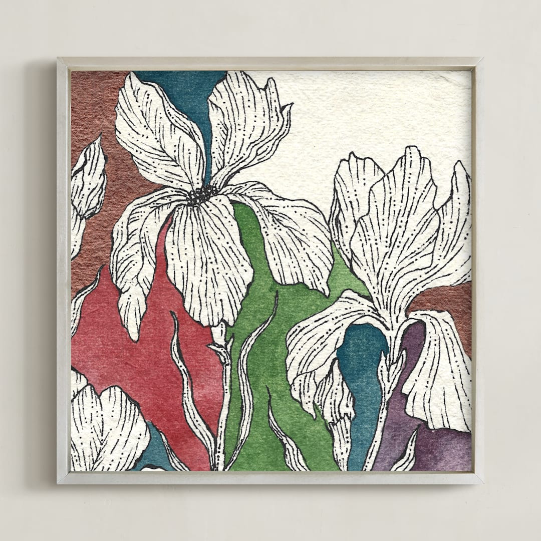 "Resilient Blooms" - Art Print in Deep Garnet Red by Rushmi - Framed