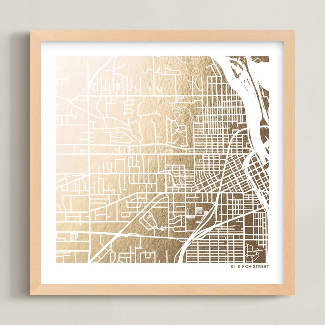"Custom Map Filled Foil Art" - Custom Foil Print in Gold by Minted - Framed