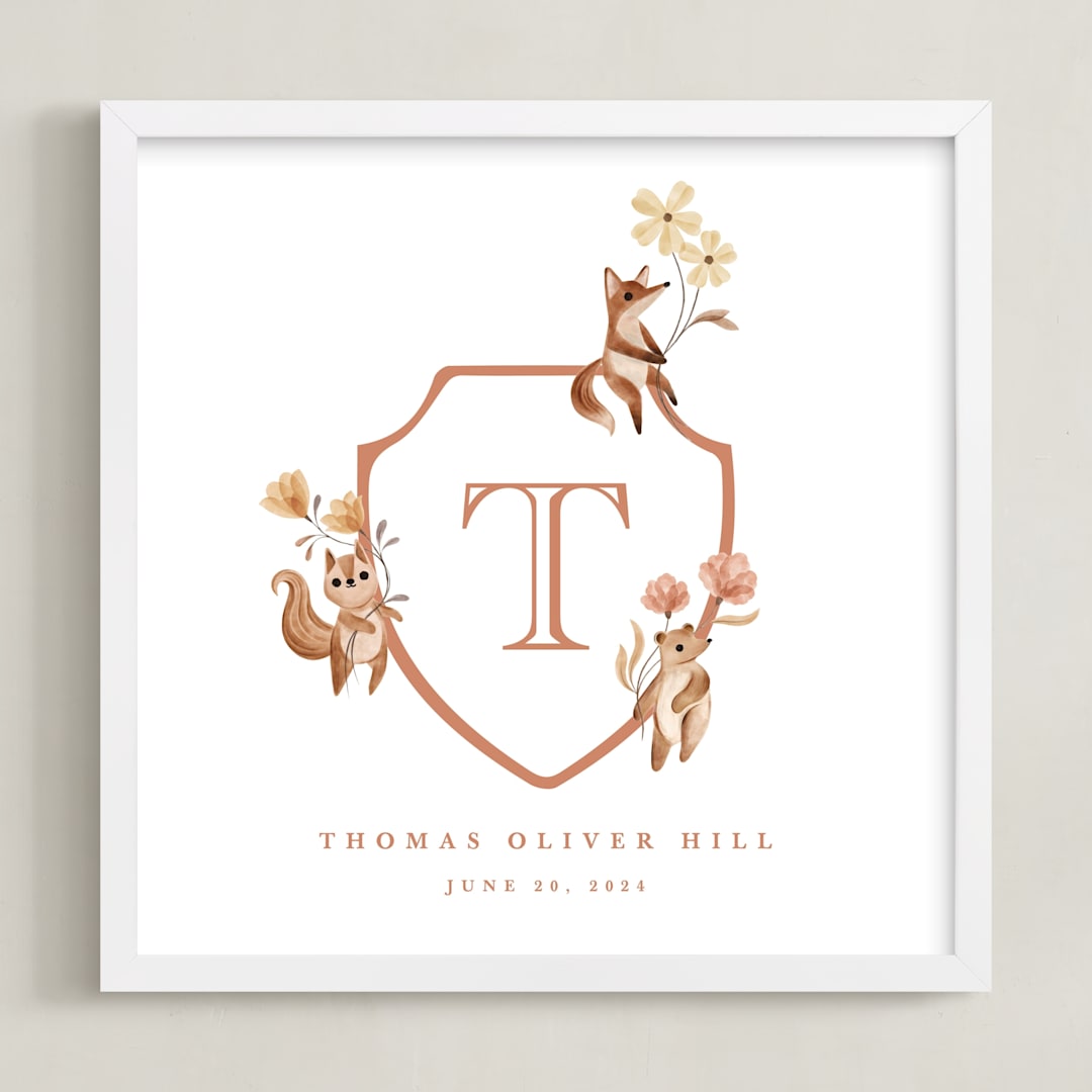 "Woodland Animal Crest: Custom Print" - Custom Print in Papaya by Vivian Yiwing - Framed