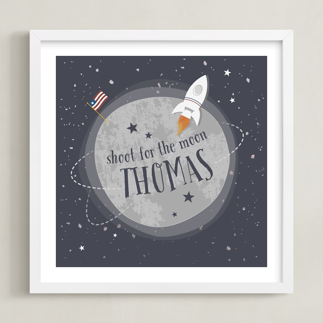 "Shoot for the Moon" - Personalized Foil-Pressed Art Print in Midnight by Lorent and Leif - Framed