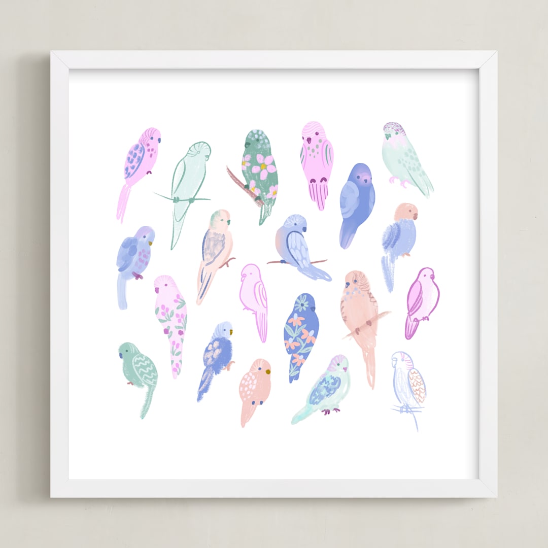 "Budgie Flock" - Art Print in Sherbet by Tishya Oedit - Framed